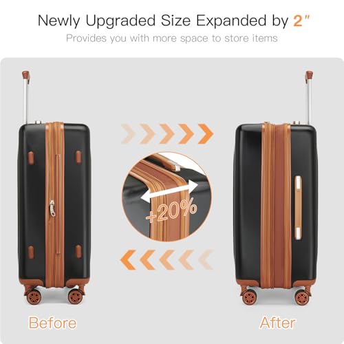 Kono 28 Inch Large Checked Luggage with Spinner Wheels Expandable TSA Lock - color: Black&Brown, size: 28"