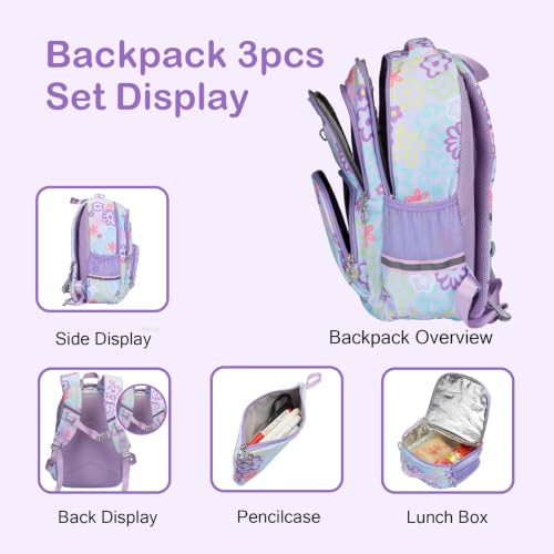 Rexmore Girls 3Pcs Backpack Set with Lunch Box & Pencil Case, Purple - color: Purple