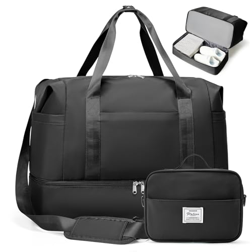 Travel Duffel Bag,Overnight Weekender Bags for Women with Shoe Compartment - color: Black