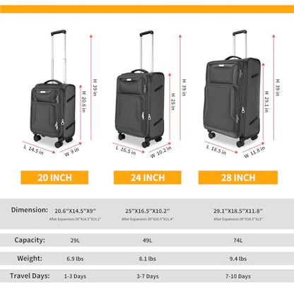 WireHot 3-Piece Softside Expandable Luggage Set, Gray, 20in/24in/28in | Lightweight, Oxford Fabric Front Open Pocket, TSA Lock, Telescoping Handle, GRS Certified, Water Resistance - color: Grey