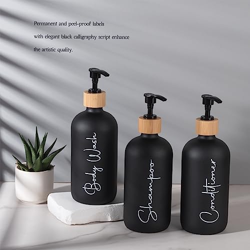 Glass Shampoo and Conditioner Pump Bottles Soap Dispenser Bamboo Pump Head Empty Glass Refillable Shampoo Conditioner Body Wash Soap Bottles for Bathroom, 17 oz, 3 Pack, Black - color: Black, size: Shampoo + Conditioner