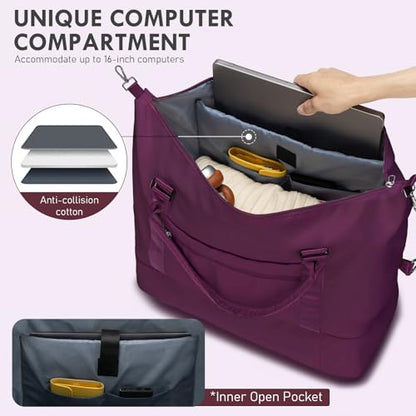 WOOMADA Weekender Overnight Bag for Women, Shoulder Travel Duffel with Shoes Compartment,Gym Bag with Toiletry Bag - color: Purple