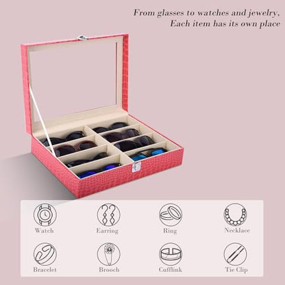 AUTOARK Leather 8 Piece Eyeglasses Storage and Sunglass Glasses Display Case Organizer - color: Rose Red/Beige