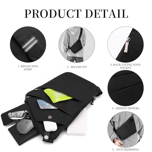 Anti Theft Crossbody Travel Bag - Multi-pocket Shoulder Bag with Adjustable Strap,Slim Sling Bag for Women Men - color: Black-left Shoulder