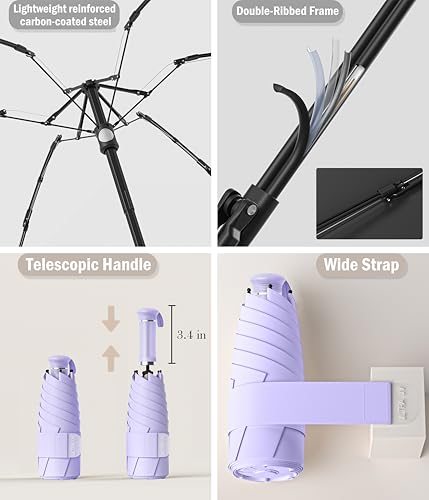 Mini Travel UV Umbrella Hidden Handle Ultra Compact Sun UPF 50+ - color: Light Purple & 41.3"