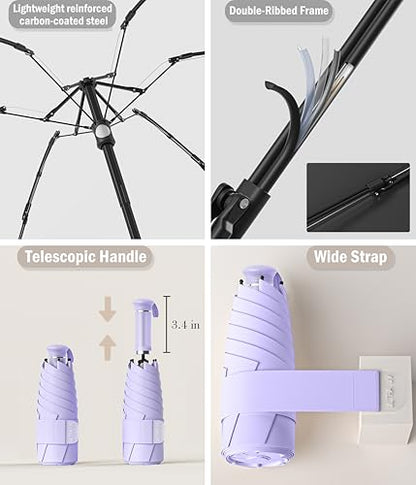 Mini Travel UV Umbrella Hidden Handle Ultra Compact Sun UPF 50+ - color: Light Purple & 41.3"