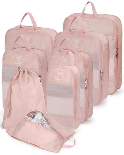 6/8 Set Space Saving Compression Packing Cubes Lightweight Packing Cube - color: Pink, size: 6 Pcs(XL,L,M*2,S,laundry bag)