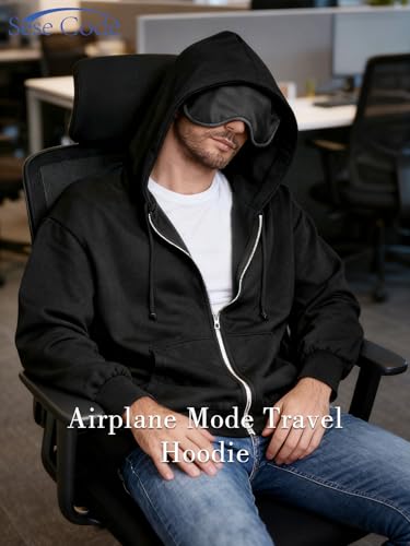 SeSe Code Unisex Zip Up Hoodie With Eye Mask Airplane Mode Travel Hoodies - color: Black, size: Large
