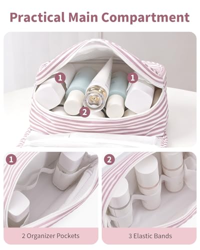 Narwey Small Hanging Travel Toiletry Bag for Women, Cosmetic Makeup Bag - color: Y-Dusty Pink Stripe