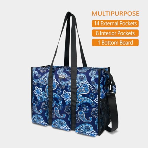 TOPDesign Utility Water Resistant Tote Bag with 22 Pockets, Zipper Closure - color: Blue Bandanna, size: Medium