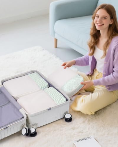 Narwey Compression Packing Cubes for Travel, Cute Luggage Organizer Bags - color: ZY-Mint Green Stripe