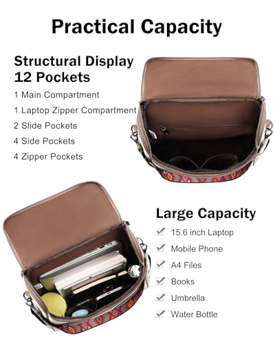 FADEON Laptop Backpack for Women, Vegan Leather 15.6 inch Computer bag - color: White Retro Style