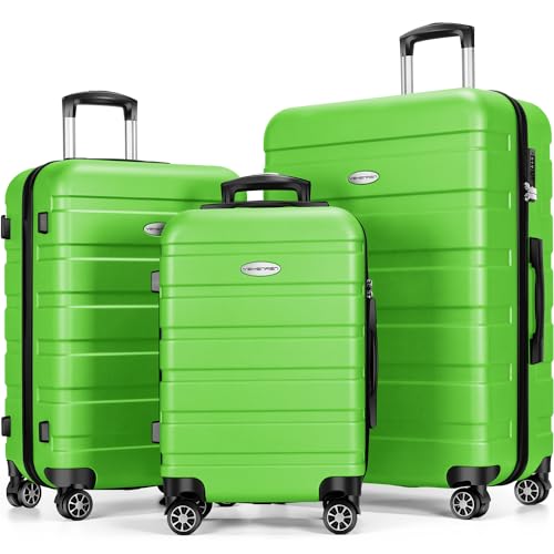 Luggage Sets Hardside Lightweight Suitcase with Spinner Wheels TSA Lock, 3-Piece Set (20/24/28) - color: Green