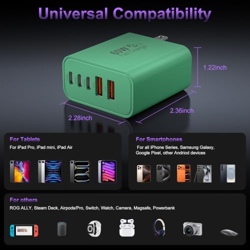 USB C 고속 벽 충전기 블록, 60W USBC 충전 큐브 2팩, 5포트 PD+QC 전원 어댑터 멀티포트 브릭 타입 C 박스 플러그 휴대폰 17/16/15/14/13/12/11/프로 맥스/플러스, 패드 미니/프로/S25/S24-그린 - color: 초록색.