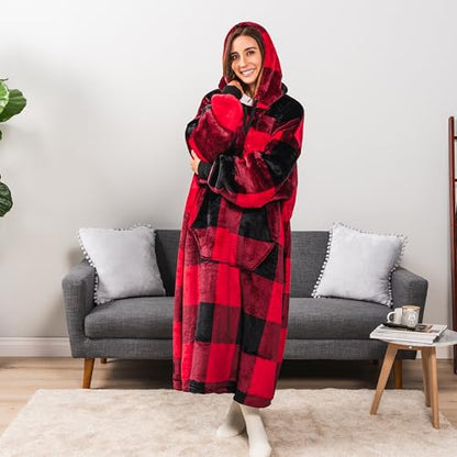 PAVILIA Blanket Hoodie for Women Red, Sherpa Wearable Blanket Men, Cozy Oversized Sweatshirt Blanket, Warm Fleece Hooded Blanket Sweater with Sleeves and Giant Pocket, Adult Long, Plaid Red - color: Plaid Red