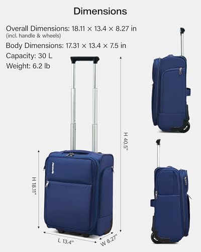 Hanke Underseat Carry On Luggage with Wheels, 17 Inch Rolling Bag, Blue - color: Blue, size: 17 Inch Underseat Plus
