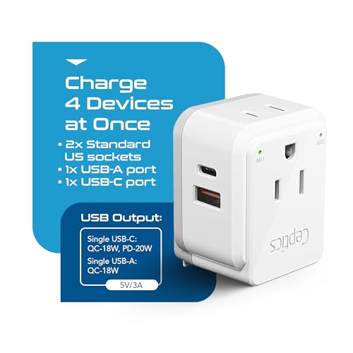 Ceptics 20W European Travel Plug Adapter, 2 USA Outlets, USB-C & USB-A - color: Pure White