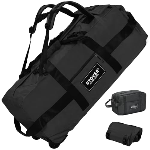 STOVER 45/80/100L Rolling Duffel Bag with Wheels, Large Durable Travel Duffle + Toiletry Bag, Heavy Duty, Packable with Shoulder Straps- Use as Luggage or Backpack, Men/Women (Black) - color: Black