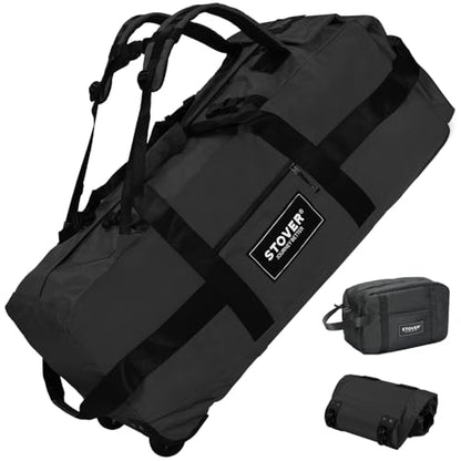 STOVER 45/80/100L Rolling Duffel Bag with Wheels, Large Durable Travel Duffle + Toiletry Bag, Heavy Duty, Packable with Shoulder Straps- Use as Luggage or Backpack, Men/Women (Black) - color: Black