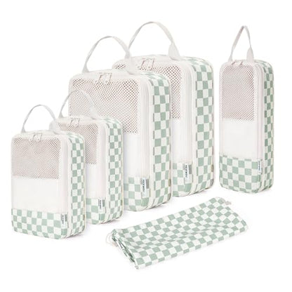 Narwey Compression Packing Cubes for Travel, Cute Luggage Organizer Bags - color: Z-Mint Green Checkerboard