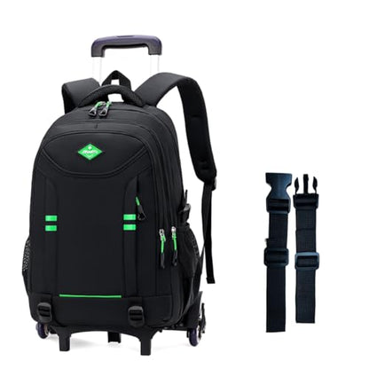 Rolling Backpack for Boys Elementary School Bag with Wheels Travel Trolley Bag 2 wheels and 6 wheels - color: Black/Green 6 Wheels, size: 6 wheels