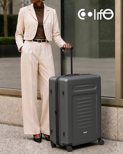 Coolife Expandable Luggage with TSA Lock Large Checked Grey - color: Grey, size: 29 Inch-EXT