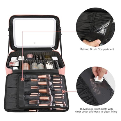 Chomeiu Makeup Bag with LED Mirror, Large Cosmetic Bag with Shoulder Strap - color: 01-Pink, size: Large