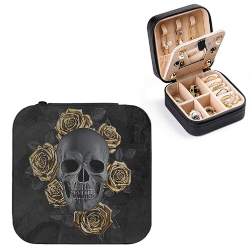 Gothic Skull with Roses Small Travel Jewelry Case with Mirror