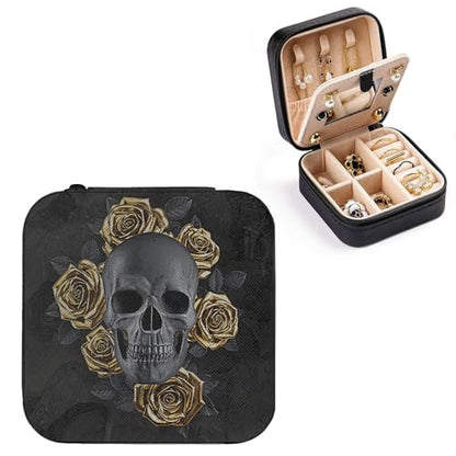 Gothic Skull with Roses Small Travel Jewelry Case with Mirror