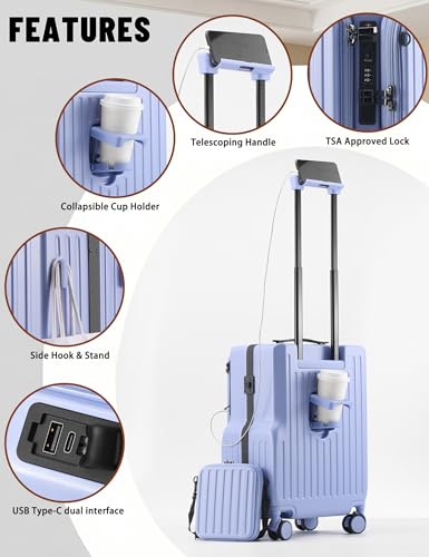 20-Inch Front Opening Carry On Luggage with Detachable Bag, Blue - color: Blue