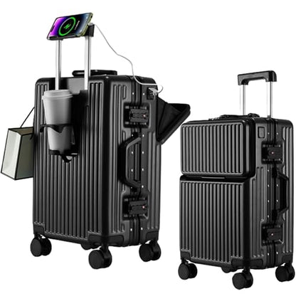 2-Piece Hardshell Zipperless Luggage Set, 20/26" Aluminum Frame Hardshell Spinner Luggage, Airline Approved Carry-On Luggage, TSA Lock, 360° Quiet Wheels With Cup Holder (Black) - color: Black