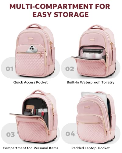 Arcoyard Rolling Backpack for Women, 15.6 Inch Travel Backpack with Wheels - color: Pink Gold, size: 15.6-inch