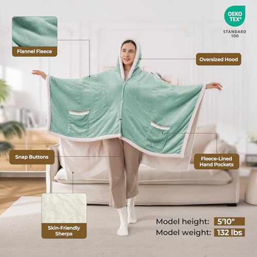 Wearable Heated Shawl Blanket with Hood & Pockets, 56"x63", Light Green - color: Light Green, size: 56"x63"