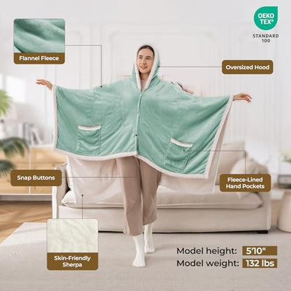 Wearable Heated Shawl Blanket with Hood & Pockets, 56"x63", Light Green - color: Light Green, size: 56"x63"