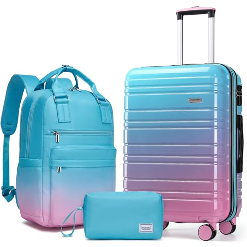 LARVENDER Carry on Luggage Sets 3 Piece, 20 Inch Suitcases, Cotton Candy - color: Cotton Candy-20BP, size: 3 Piece Set (Backpack/TB/20)