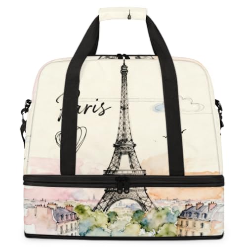 Paris Eiffel Tower Foldable Travel Duffel Bag, Expandable Sports Gym Bag with Shoes Compartment Weekender Overnight Totes Bags for Women Men - color: Paris Eiffel Tower