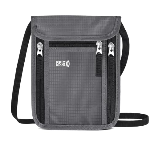 Travel Neck Wallet Women Men RFID Blocking Hidden Passport Holder - color: grey