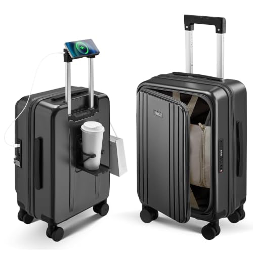 Carry On Luggage Top Opening with Cup Holder & Phone Holder, Expandable PC Hard Shell Suitcase with USB Charging Port, Side Hook, 360° Spinner Wheels, TSA Lock & YKK Zippers - color: Grey