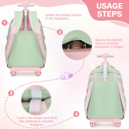 FIXITOK Rolling Backpack for Girls, Kawaii Bunny Roller Wheels School Backpacks with Lunch Bag Pencil case, Wheeled Suitcase Bookbag for Elementary Travel Green - color: Green