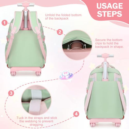 FIXITOK Rolling Backpack for Girls, Kawaii Bunny Roller Wheels School Backpacks with Lunch Bag Pencil case, Wheeled Suitcase Bookbag for Elementary Travel Green - color: Green