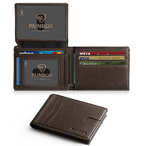 RUNBOX Wallet for Men -Slim Rfid Leather Mens Bifold Novelty Wallets 2 ID Window With Gift Box Men's Accessories - color: Classic Coffee-15 slots