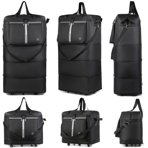 Expandable Travel Duffel Bag with Wheels, 42 Inch Large Collapsible Luggage, 5pcs 360° Spinner Wheels, Waterproof Oxford Cloth, Foldable Suitcase with Shoulder Strap for Men & Women, Black - color: Black