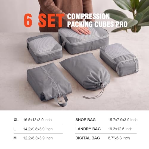 MADIKA 6 Pcs Compression Packing Cubes for Travel, Mesh Window, Gray - color: Gray