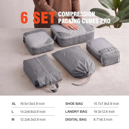 MADIKA 6 Pcs Compression Packing Cubes for Travel, Mesh Window, Gray - color: Gray