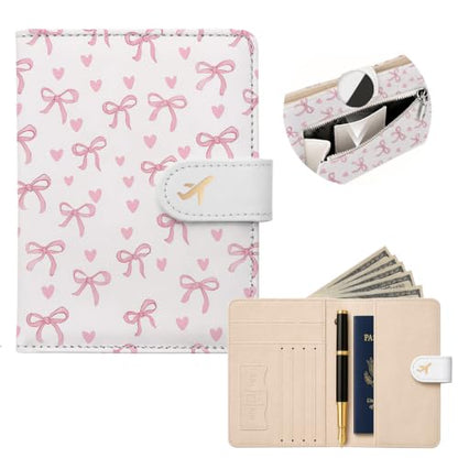 RFID Passport Holder with Tracker Slot, Leather Travel Wallet - color: Pink Bow