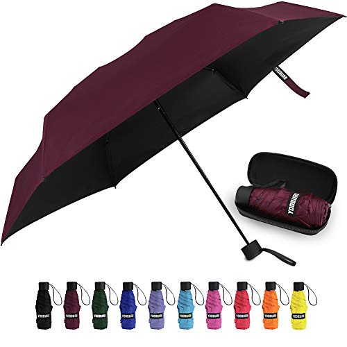 Yoobure Mini Travel Umbrella with Case, Compact Folding Umbrella - color: Burgundy Red