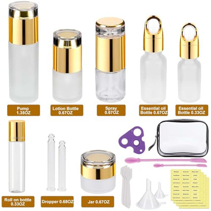 30 Pack TSA Approved Glass Travel Skincare Containers, 1.3/1/0.7/0.3oz Refillable Traveling Size Containers with Pump, Jars & Essential Oil Bottle in Clear Zip Bag, Leak-Proof for Creams & Liquids
