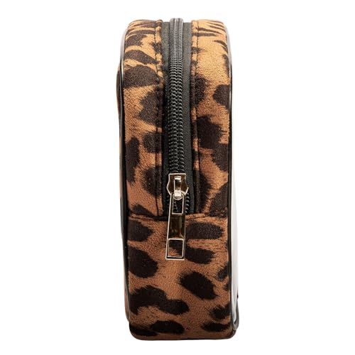 Fabric Leopard Print Clear Makeup Bag Travel Cosmetic Case Transparent Toiletry Bag with Zipper, Portable Make Up Organizer Traveling Compact Car Bag for Essentials (Brown) - color: Brown