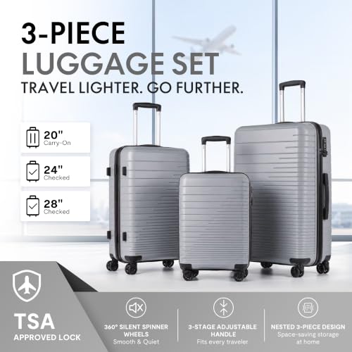 3-Piece PP Hardshell Luggage Set, Lightweight Durable Suitcases with 4 Silent Spinner Wheels, TSA Lock & Scratch-Resistant Surface, 20"/24"/28", Dark Grey - color: Dark Grey