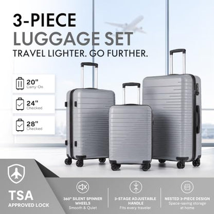 3-Piece PP Hardshell Luggage Set, Lightweight Durable Suitcases with 4 Silent Spinner Wheels, TSA Lock & Scratch-Resistant Surface, 20"/24"/28", Dark Grey - color: Dark Grey